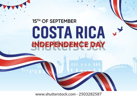 Costa Rica Flag Waving On Skyline Background. Independence Day Concept Design Vector Illustration.