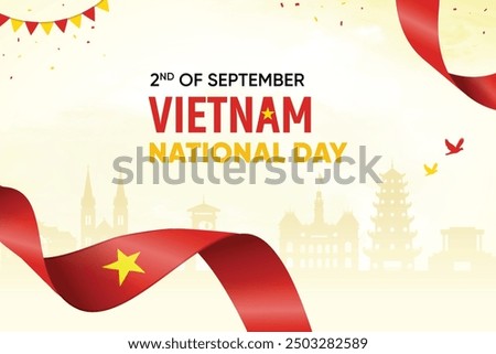 Vietnam Flag Waving On Skyline Background. Independence Day Concept Design Vector Illustration.