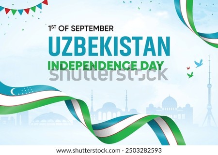 Uzbekistan Flag Waving On Skyline Background. Independence Day Concept Design Vector Illustration.