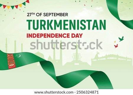 Turkmenistan Flag Waving On Skyline Background. Independence Day Concept Design Vector Illustration.