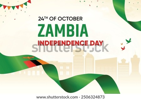 Zambia Flag Waving On Skyline Background. Independence Day Concept Design Vector Illustration.