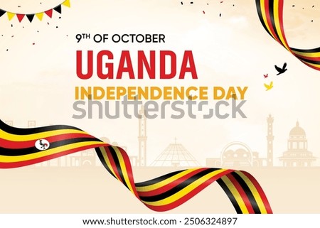 Uganda Flag Waving On Skyline Background. Independence Day Concept Design Vector Illustration.