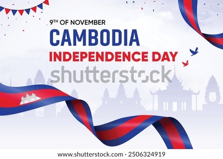 Cambodia Flag Waving On Skyline Background. Independence Day Concept Design Vector Illustration.