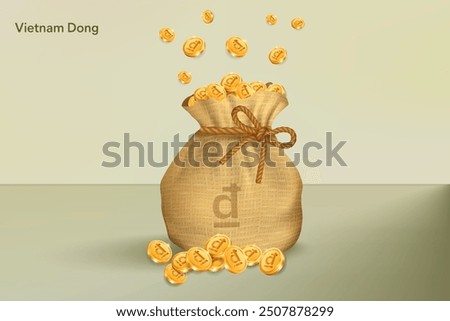 Vietnam Dong Gold Coins Falling in Sack of Bag. Realistic 3D gold coins. Vector Illustration Concept for Savings, Casino, Fortune, Profit etc.