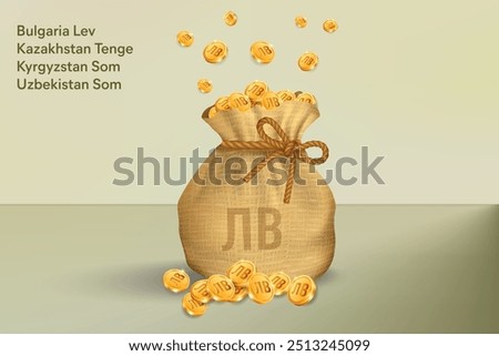 Lev, Tenge or Som Gold Coins Falling in Sack of Bag. Realistic 3D gold coins. Vector Illustration Concept for Savings, Casino, Fortune, Profit etc.