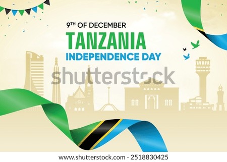 Tanzania Flag Waving On Skyline Background. Independence Day Concept Design Vector Illustration.