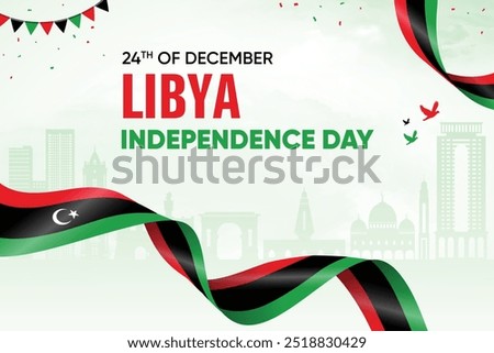 Libya Flag Waving On Skyline Background. Independence Day Concept Design Vector Illustration.