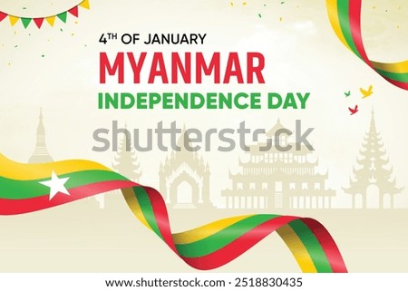 Myanmar Republic Flag Waving On Skyline Background. Independence Day Concept Design Vector Illustration.