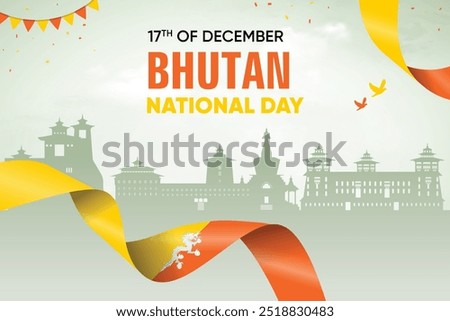 Bhutan Flag Waving On Skyline Background. National Day Concept Design Vector Illustration.