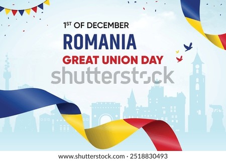 Romania Flag Waving On Skyline Background. Great Union Day Concept Design Vector Illustration.