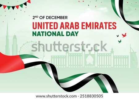 United Arab Emirates Flag Waving On Skyline Background. National Day Concept Design Vector Illustration.