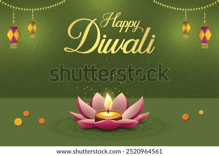 Happy Diwali Banner With Flower Shaped Diya And Hanging Paper Lantern Lights On Green Background. Festival of Lights Concept.