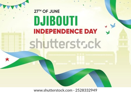 Djibouti Flag Waving On Skyline Background. Independence Day Concept Design Vector Illustration.