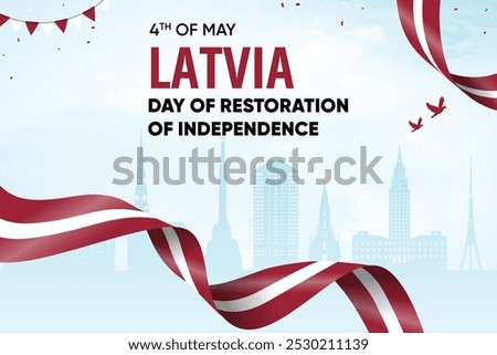 Latvia Flag Waving On Skyline Background. Independence Day Concept Design Vector Illustration.