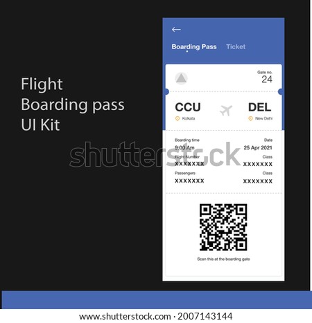 Flight boarding pass UI screen. smartphone interface vector template set.Andriod mobile design kit.IOS app kit.Clean mobile blue layout.Pack of UI, UX kit for design mobile applications.Flat Design.