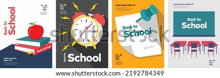 back to school posters, school graphics, notice board, thumb pin, class room, alarm clock school illustration. Set of flat vector illustrations and objects on school theme.