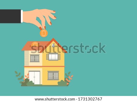 Real estate, Vector illustration of Woman hand putting gold coin money into model house on green background, Business investment and Save money for prepare in future concept 