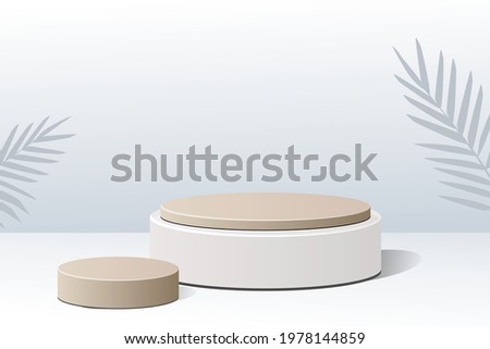 3D background product with white luxury gold brown podium. Display scene product for skincare, makeup, and toiletries.  3D illustration with geometric shapes and  tropical leaf