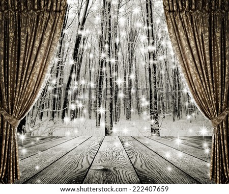 Open curtains on the background winter forest and stars
