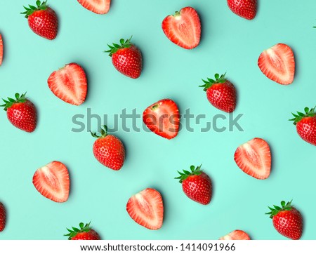 Similar – Image, Stock Photo One strawberry on green table. Part of a strawberry close-up