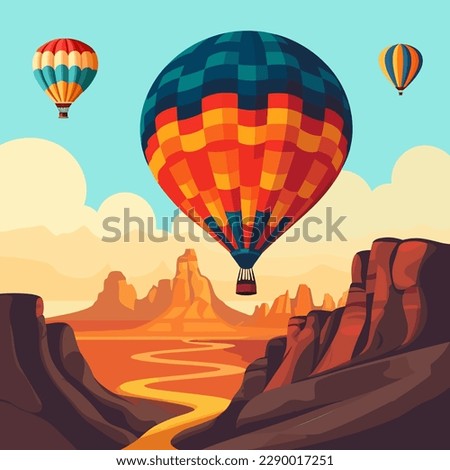 Hot air balloons over Cappadocia rocks landscape. 