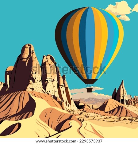 Hot air balloon flying over sandstone desert landscape. Turkey, Cappadocia. Vector illustration.
