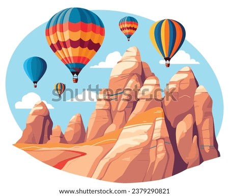 Hot air balloons over Cappadocia rocks landscape.