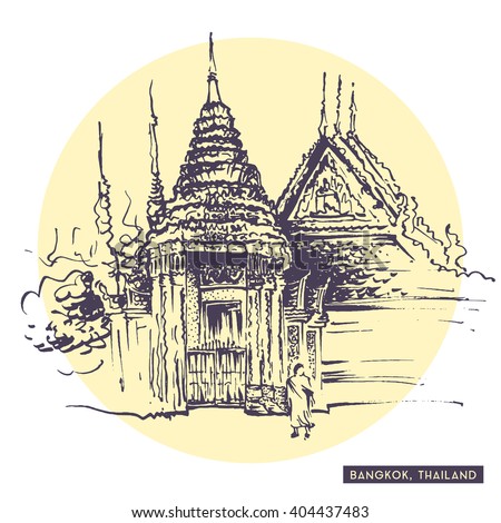 Rough sketch drawing of Bangkok, Thailand. Thai monk walking near traditional Siam temple. Tourist postcard. Travel sketching collection.