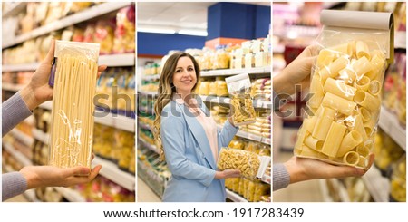 Collage of woman chooses pasta at supermarket. Concept of conscious choice of quality products