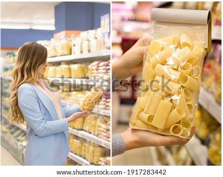 Collage of woman chooses pasta at supermarket. Concept of conscious choice of quality products