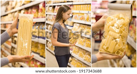 Collage of teen girl chooses pasta at supermarket. Concept of conscious choice of quality products