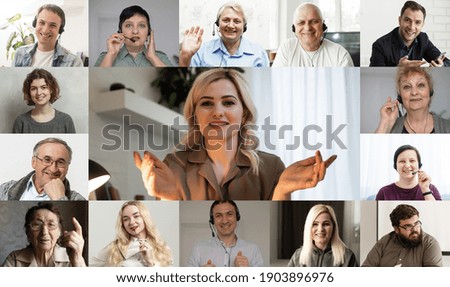 Many portraits faces of diverse young and aged people webcam view, while engaged in videoconference on-line meeting lead by businessman leader. Group video call application easy usage concept