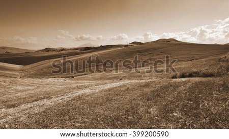Stubble Fields on the Hills of Sicily at Sunset, Vintage Style Sepia 