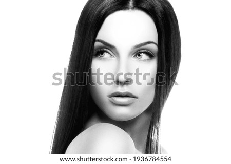 Close-up beauty woman  face with healthy skin, natural makeup. Isolated on white. Fashion and beauty concept. Monochrome