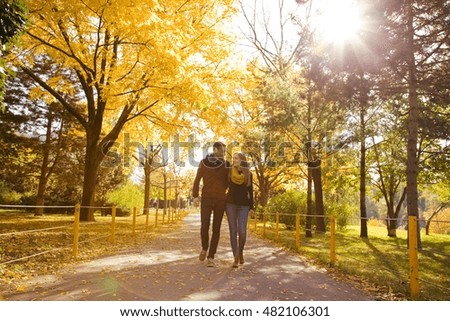 Young couple strolling in autumn park, Vienna, Austria