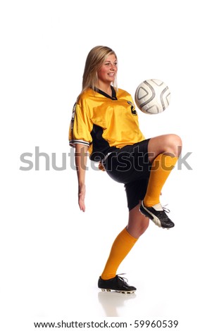 Female soccer player on white