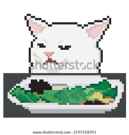funny cat on the table, pixel art illustration