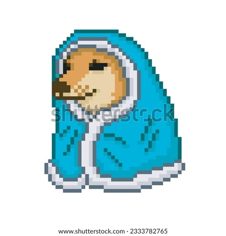 Drawing of a dog covering itself with a blanket, pixel art meme 