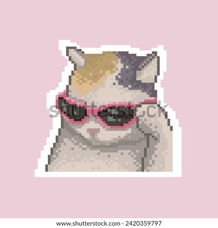 Cat with pink glasses, pixel art meme