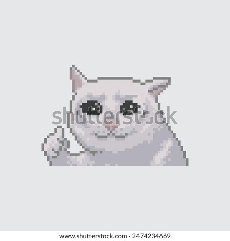 White cat with thumb up, pixel art meme