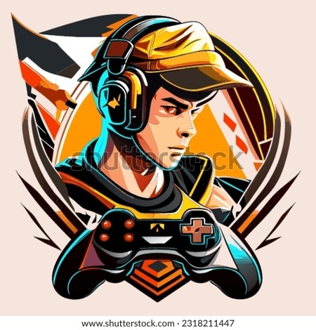 The gamer playing with a gamepad. kid men playing with a gamepad .gaming console .hard core gamer with headset .colorful vector art 