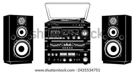 Analog Retro Audio System of vinyl player, audio cassette player, graphic equalizer, stereo amplifier and speakers. All devices are the separate objects. Vector cliparts isolated on white.