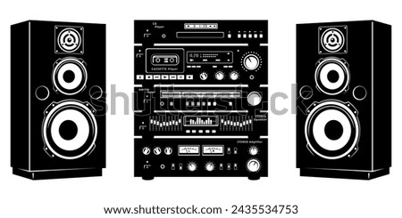 Retro Audio System of CD player, audio cassette player, radio tuner, graphic equalizer, stereo amplifier and speakers. All devices are the separate objects. Vector cliparts isolated on white.
