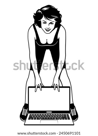 Pretty woman in aerobics suit with laptop. Vector clipart isolated on white.