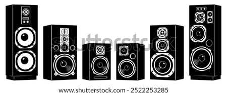 Retro Audio Speakers Silhouettes. Vector cliparts isolated on white.