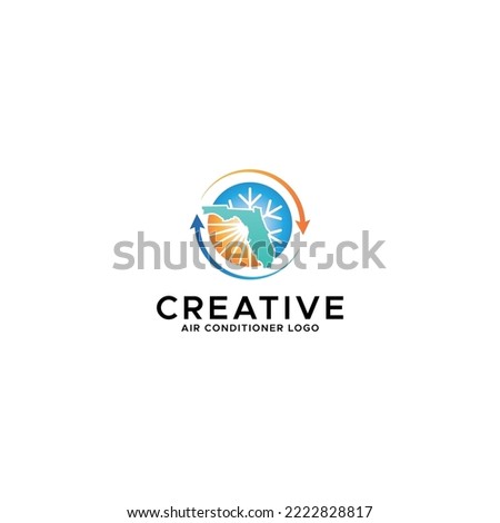 Air conditioner logo, round design logo, snowflake design, sun creative design, combination logo of snowflake and sun logo, florida map, florida of United State, blue and orange, creative circular.