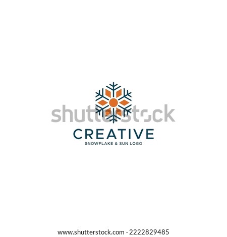 Air conditioning logo, hexagonal design, snowflake design, sun creative design, combination logo of snowflake and sun logo, blue and orange, hexagon logo design.