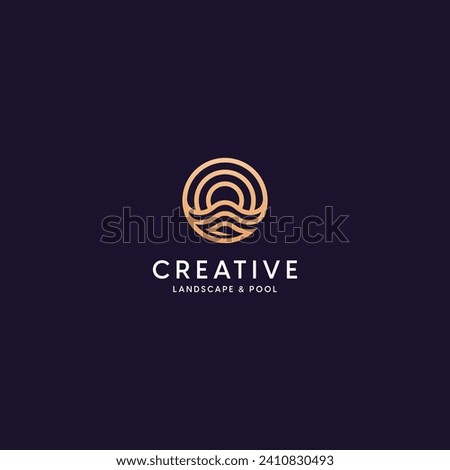 Creative combination logo design of wave, sun, mountain and leaf. Rounded line art of sky logo. Beauty outline symbol of gold sea. Iconic logo of beach. Best for travel, sport, adventure, park, gold.