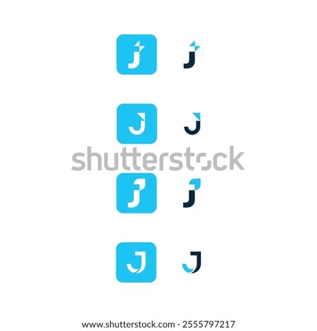 Combination logo of J letter. J lightning, arrow, fire. Blue J icon for apps vector design. Square sign and symbol with abstract J. Best for digital industry. Startup. Company Initial. Smart. Unique.