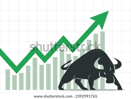 trading bullish position forex stock graph rising up profit grow up bull stand near a big green arrow and bar chart pointing up